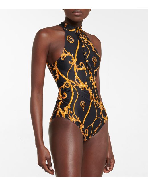 Ganni Synthetic Printed Half-zip Swimsuit | Lyst