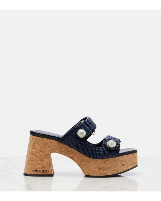 Jimmy Choo Blue Fayence Raffia-Effect Platform Sandals