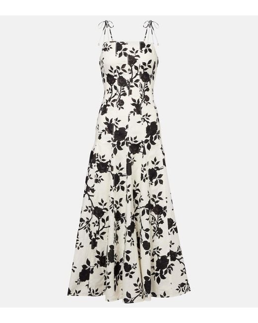 Self-Portrait White Floral Linen And Cotton Midi Dress