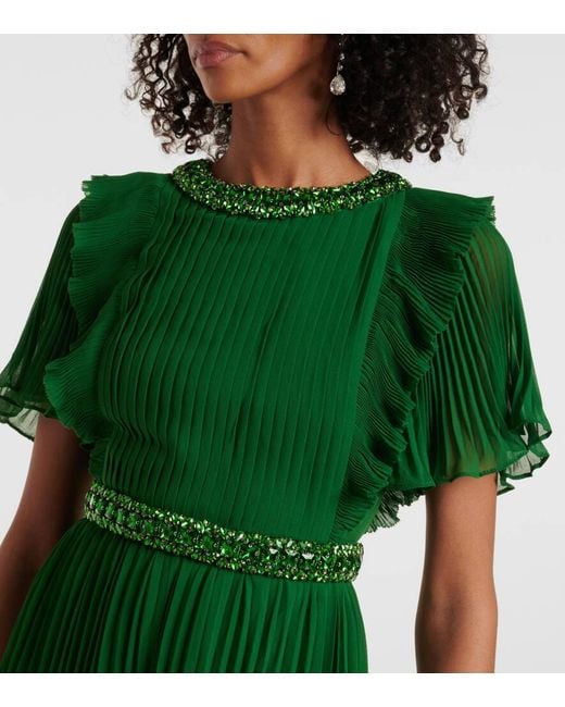 Self-Portrait Green Crystal-Embellished Ruffled Gown
