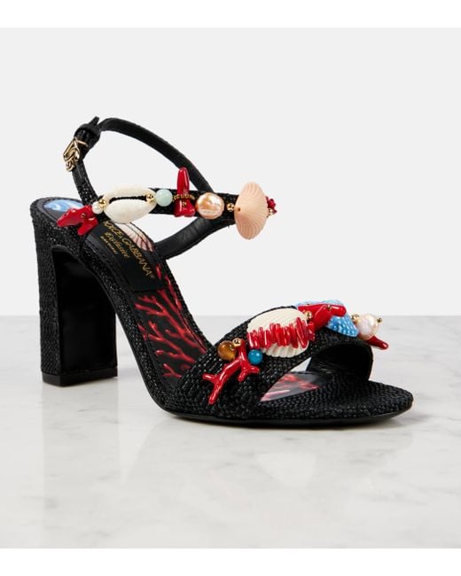 Dolce & Gabbana Black Capri Kiera Sophia Embellished Raffia Sandals