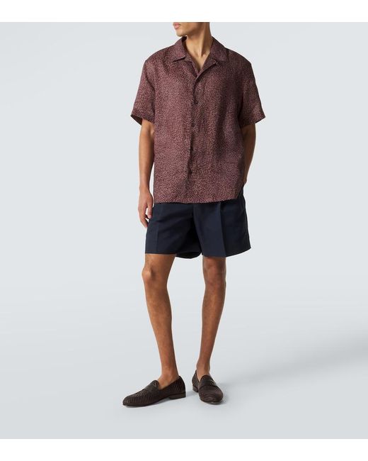 Brioni Brown Printed Linen Bowling Shirt for men