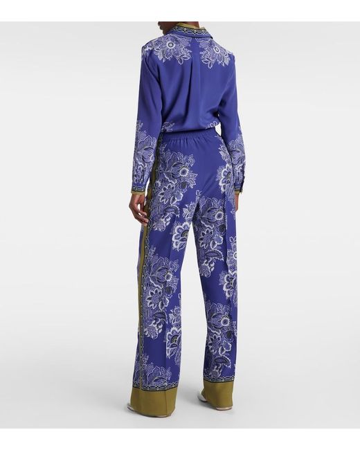 Etro Blue Paisley High-Rise Silk Wide-Leg Pants