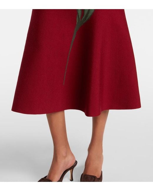 Carolina Herrera Red Floral Jacquard Cotton And Wool Midi Skirt
