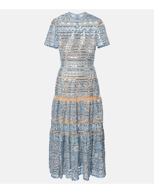 Elie Saab Blue Embroidered Tulle Maxi Dress