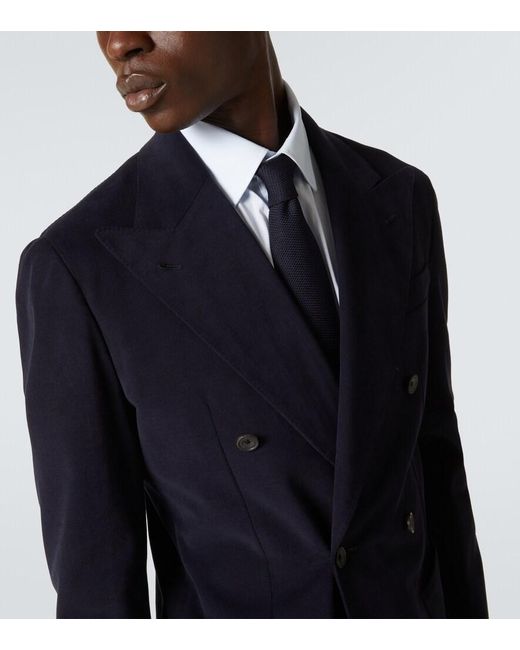 Thom Sweeney Blue Double-Breasted Brushed Cotton Suit for men