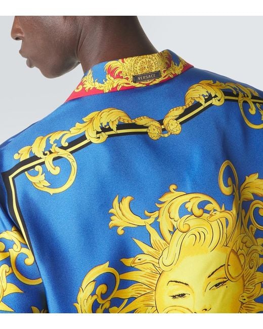 Versace Blue Printed Silk Bowling Shirt for men