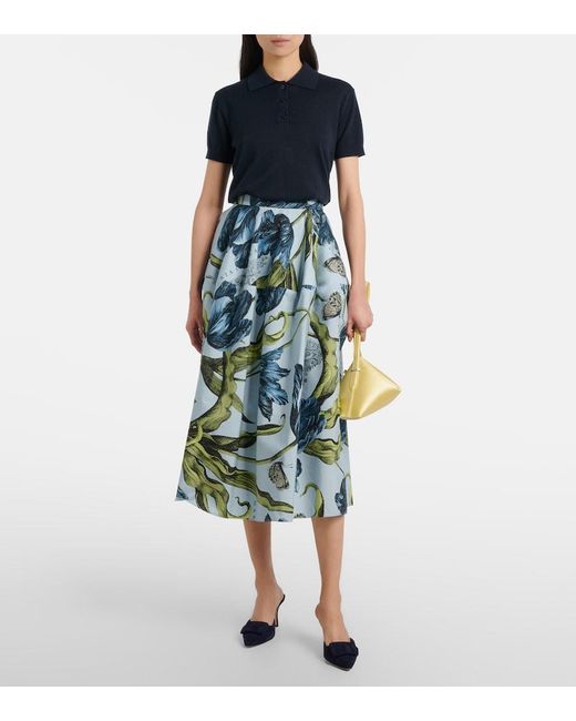 Erdem Blue Floral Cotton Poplin Midi Skirt