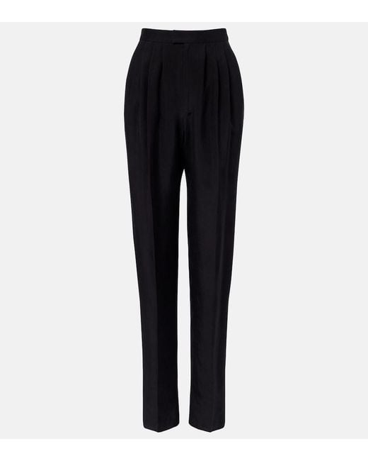 Saint Laurent Black Pleated Silk Straight Pants
