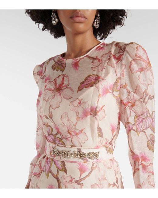 Zimmermann Pink Matchmaker Floral Linen And Silk Midi Dress