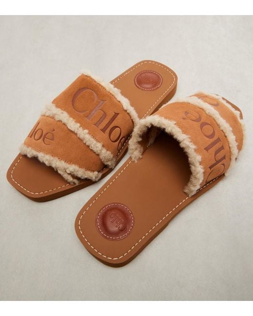 Chloé Brown Woody Logo Suede Slides