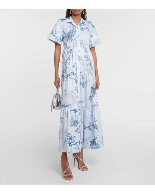 Erdem Blue Tiered Floral-print Cotton-voile Midi Shirt Dress