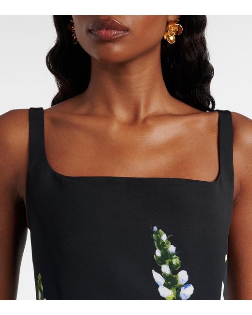 Oscar de la Renta Blue Foxglove-Printed Faille Midi Dress