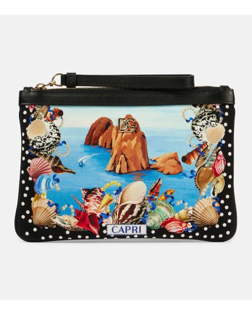 Dolce & Gabbana Black Capri Printed Leather-trimmed Canvas Pouch