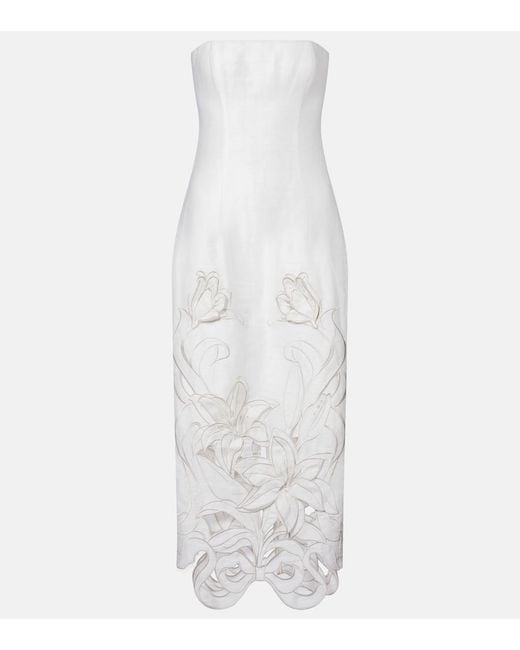 LEO LIN White Rayna Floral-Applique Linen-Blend Bustier Gown
