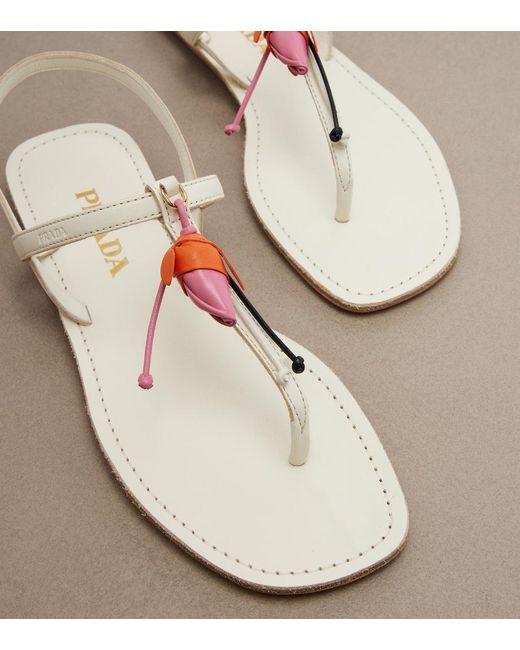 Prada White Floral-Applique Leather Thong Sandals