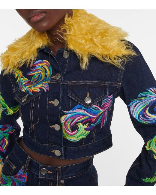 Area Blue Mohair-Trimmed Cropped Denim Jacket