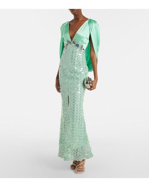 La Fuori Green Sequined Caped Open-Back Gown