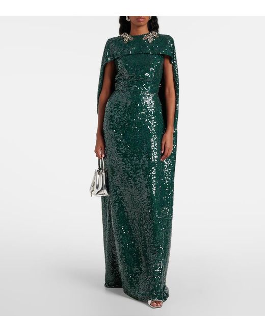 Erdem Green Robe Aus Georgette Mit Pailletten