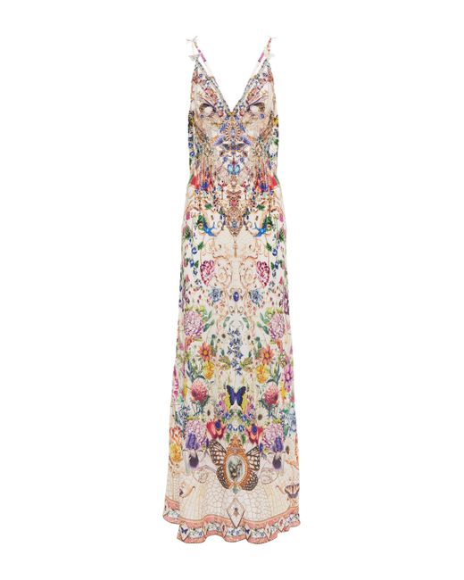 Camilla White Embellished Printed Silk Maxi Dress