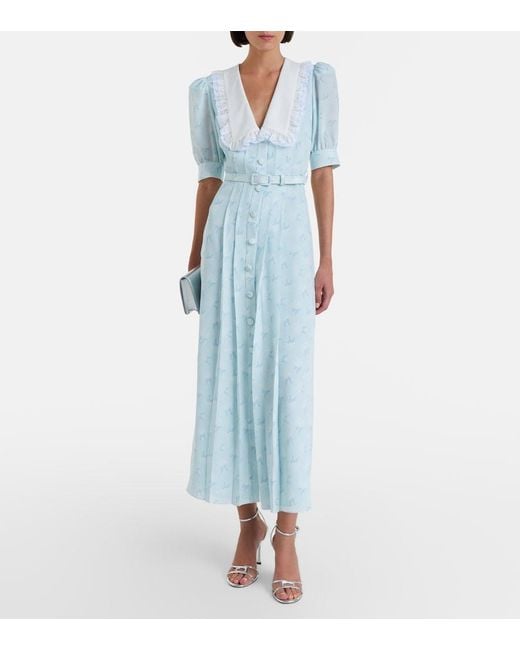 Alessandra Rich Blue Floral Silk Midi Dress