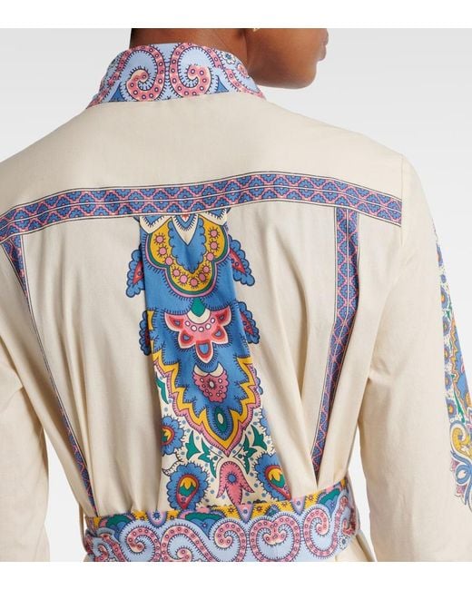 Etro White Cotton Chemise Midi Dress With Paisley Print