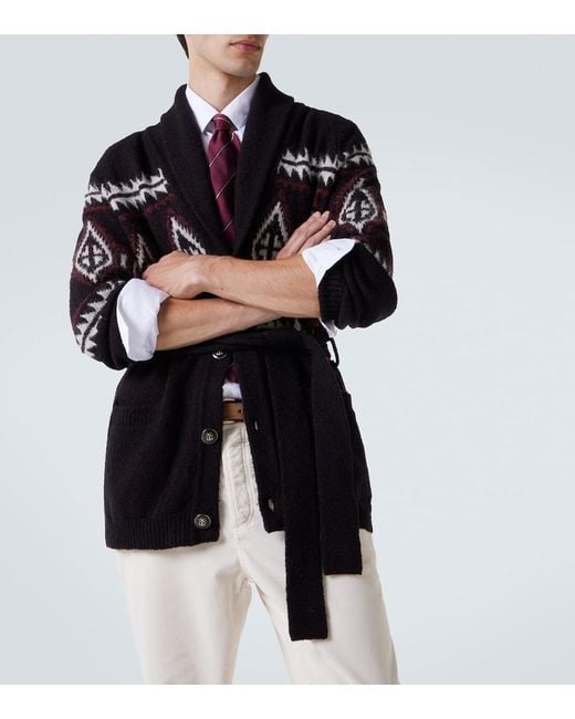 Brunello Cucinelli Black Jacquard Wool, Silk, And Cashmere Cardigan for men