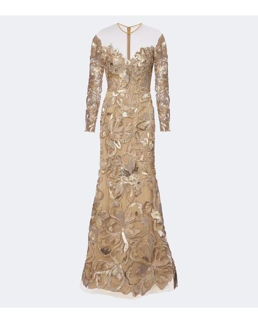 Elie Saab Natural Embroidered Sequined Tulle Gown