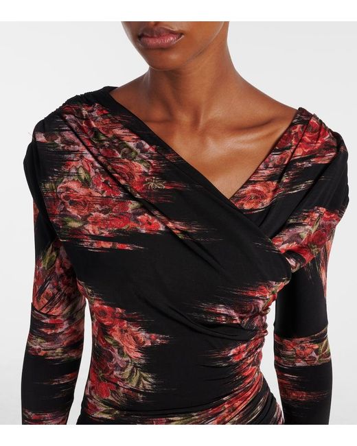 Ganni Red Floral Ruched Jersey Maxi Dress