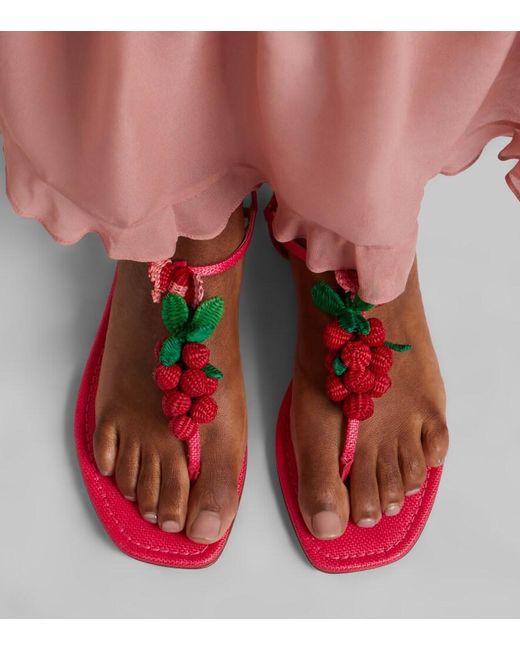 Aquazzura Pink Berry Raffia-Effect Thong Sandals