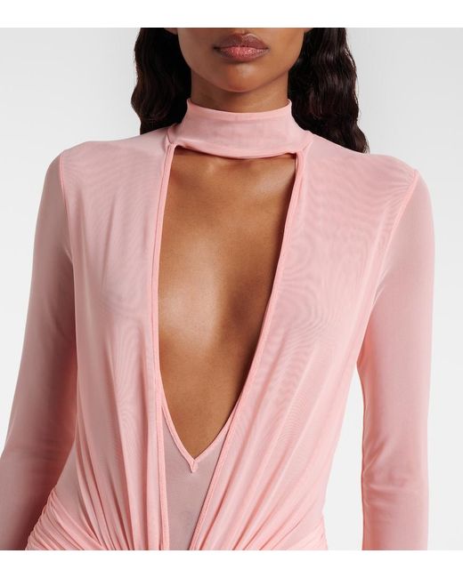 David Koma Pink Draped Floral-Applique Mesh Gown