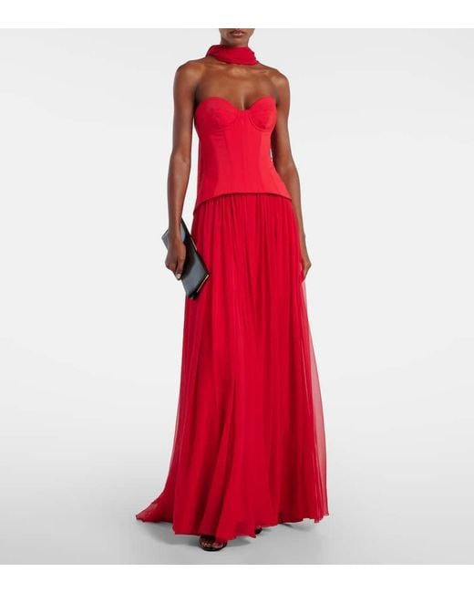 Monique Lhuillier Red Vermilion Crepe And Chiffon Corset Gown