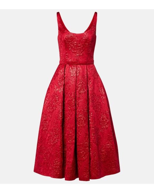 Safiyaa Red Asher Floral Jacquard Midi Dress
