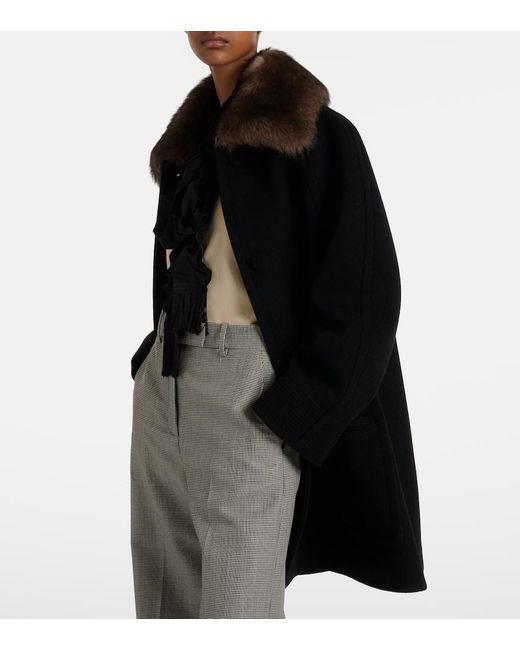 Valentino Black Shearling-Trimmed Virgin Wool Coat