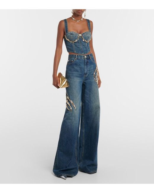 Area Blue Claw Cup Crystal-embellished Denim Bustier