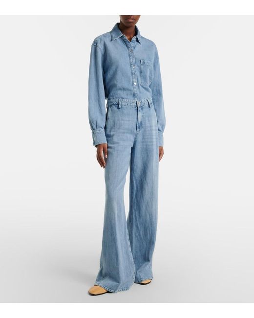 7 For All Mankind Blue Cotton And Linen Wide-Leg Jeans