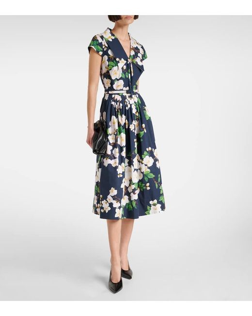 Oscar de la Renta Blue Floral Pleated Cotton-Blend Midi Dress
