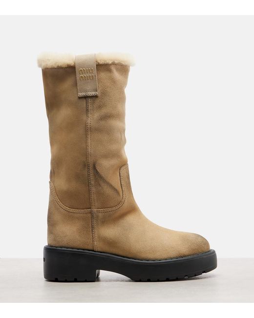 Miu Miu Natural Shearling-Lined Suede Knee-High Boots