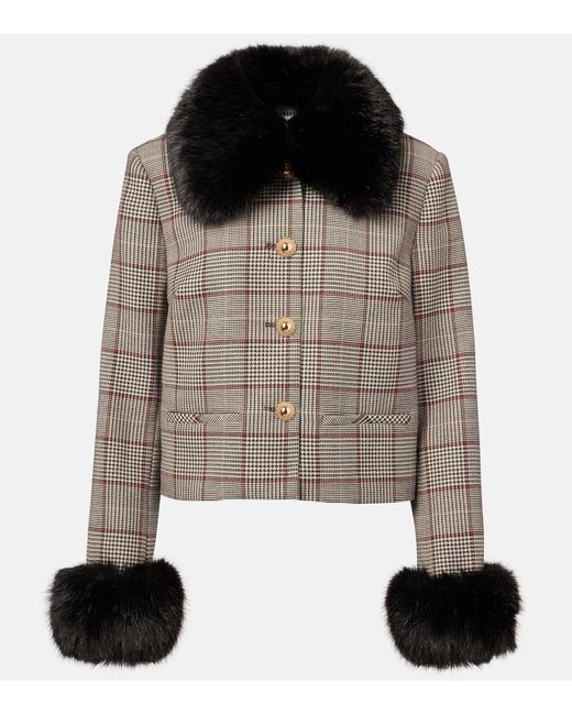 Self-Portrait Black Faux Fur-Trimmed Wool-Blend Jacket