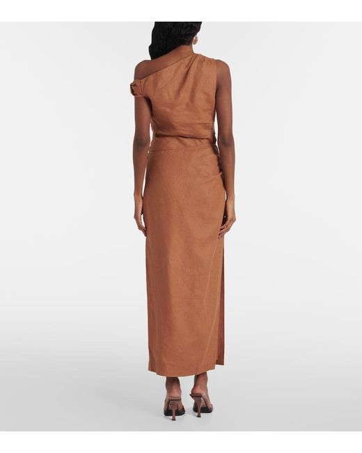 Sir Brown Asymmetric Ruched Linen Midi Skirt