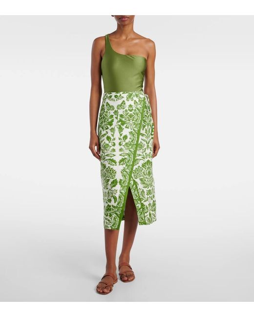 Farm Rio Green Delicate Tapestry Linen-Blend Midi Skirt