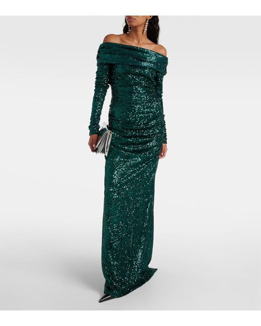 Dolce & Gabbana Green Off-Shoulder Sequined Gown