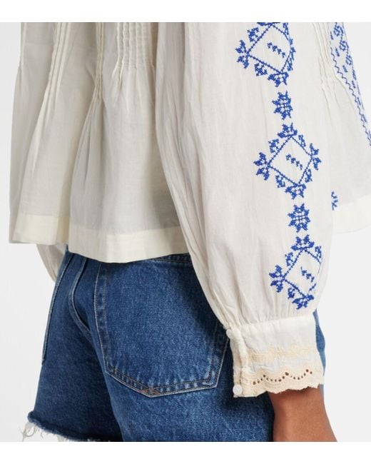 Rixo Blue Percy Embroidered Cotton Blouse