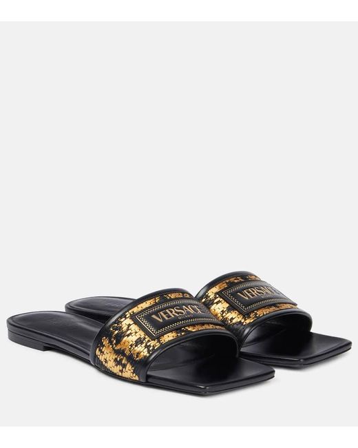 Versace Black Theia Barocco Raffia-Effect Slides