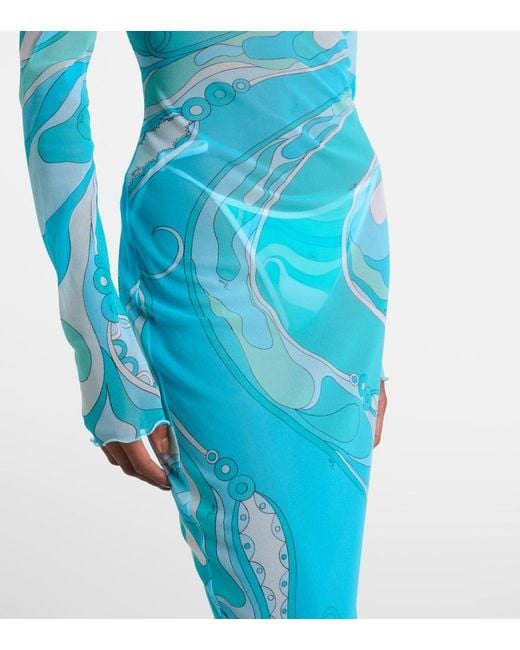Emilio Pucci Blue Orchidee Sheer Maxi Dress