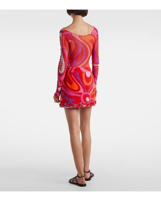 Emilio Pucci Red Marmo Embellished Cotton Terry Miniskirt