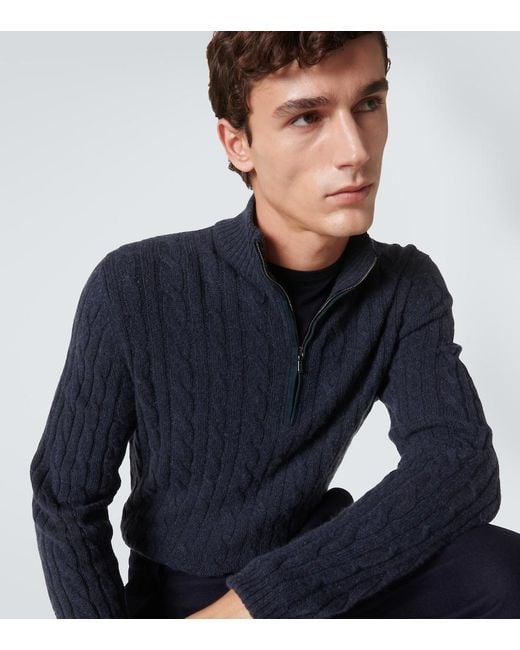 Loro Piana Blue Mezzocollo Treccia Cashmere Sweater for men