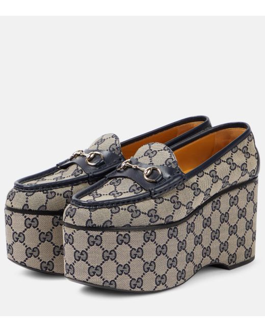 Gucci Gray Horsebit GG Canvas Platform Loafers