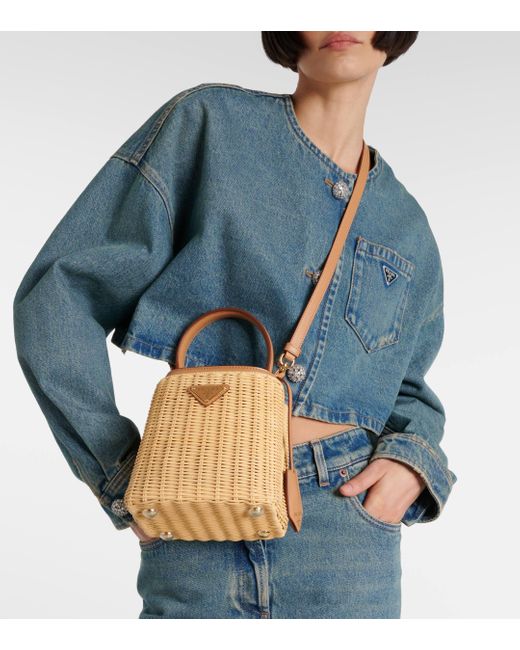 Prada Natural Panier Mini Woven Leather-trimmed Bucket Bag