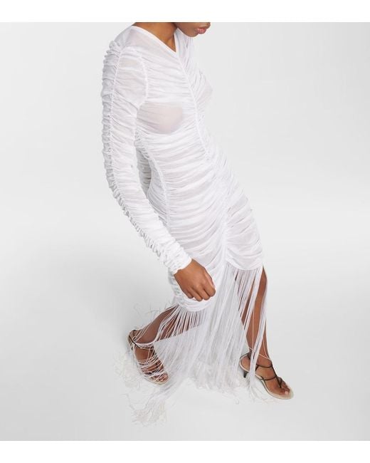 Khaite White Guisa Fringed Shirred Silk-Blend Gown